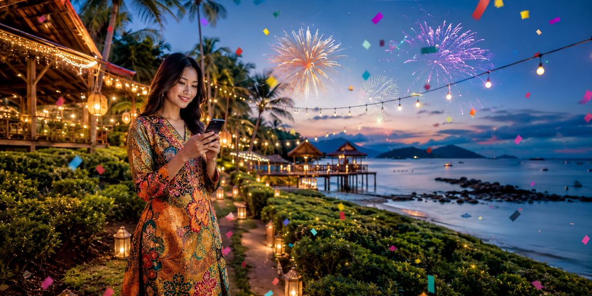 Wanita memakai batik bermain baccarat di telefon pintar