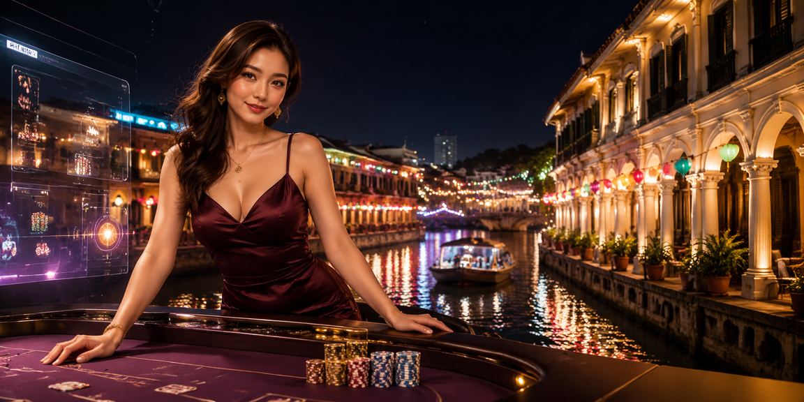 Suasana kasino hiburan di Melaka dengan meja permainan baccarat yang meriah dan penuh warna