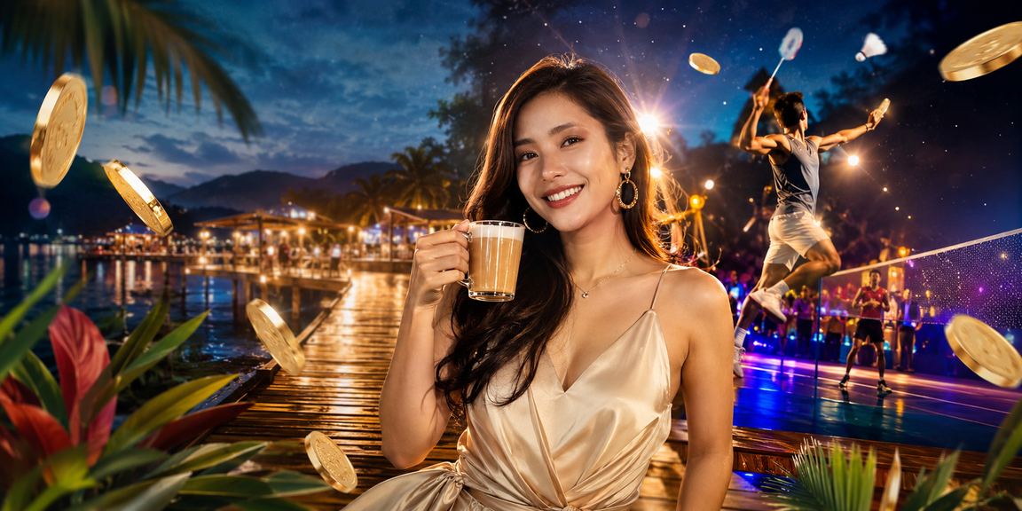 Suasana kasino dengan lampu neon dan meja permainan